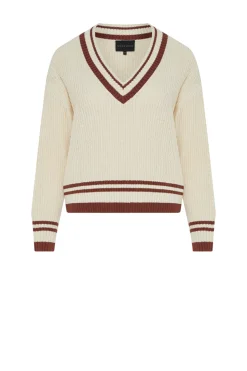 Beżowy sweter z dekoltem w szpic z bawełną i lnem