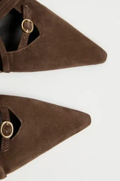 Czekoladowe buty slingback z zamszowej skóry