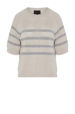 Lniany beżowy sweter w szare paski