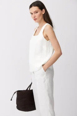 Lniany top off white z kwadratowym dekoltem